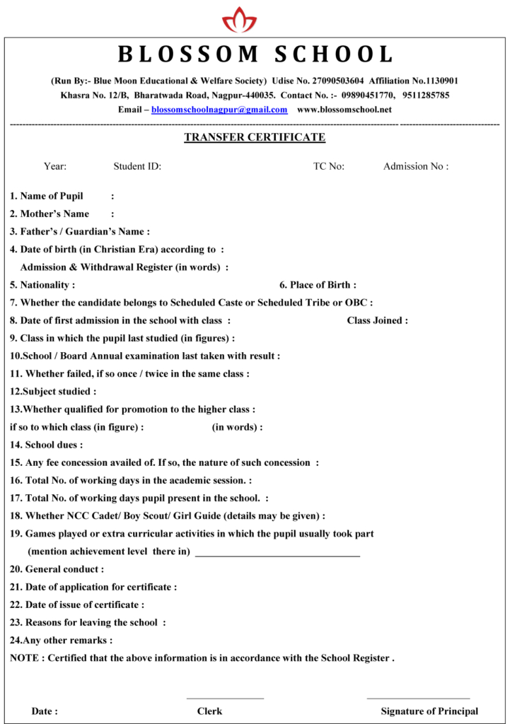 TRANSFER CERTIFICATE SAMPLE Blossom School NagpurBest CBSE School